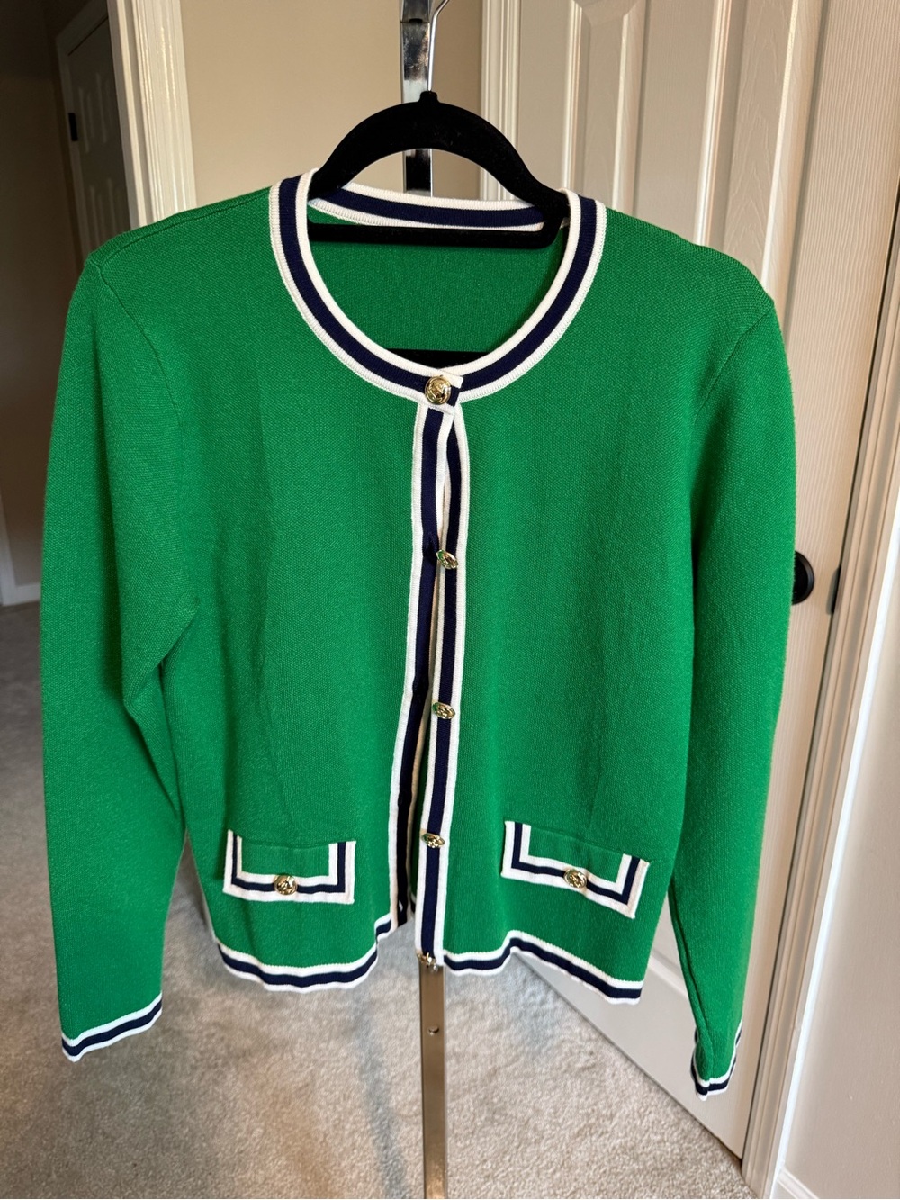 Tano Green Cardigan with Navy and White Trim